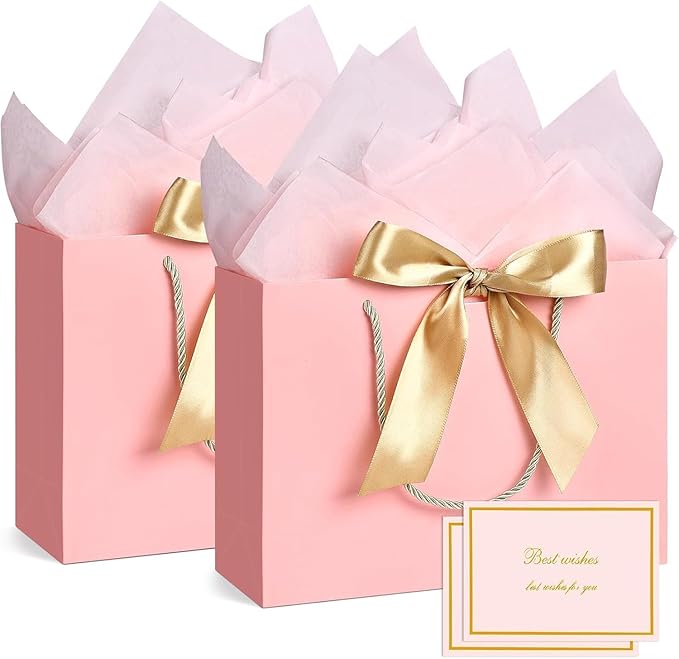 JMANNI Gift Bags with Handles, 13” Medium Gift Bag for Presents, 2 Pcs Bags with 4 Tissue Paper and 2 Cards for Baby Showe...