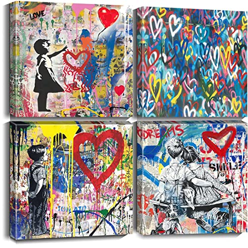 Biufo Banksy Canvas Wall Art Prints Pop Graffiti Street Art Pictures for Bedroom Living Room Wall Decor (12"x12"x4Pcs)