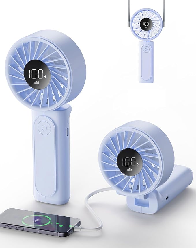 Peiyuu Portable Fan, 4000mAh Rechargeable, 180° Foldable Mini Desk Fan with 6 Wind Speed, LCD Digital Display, Lanyard as ...