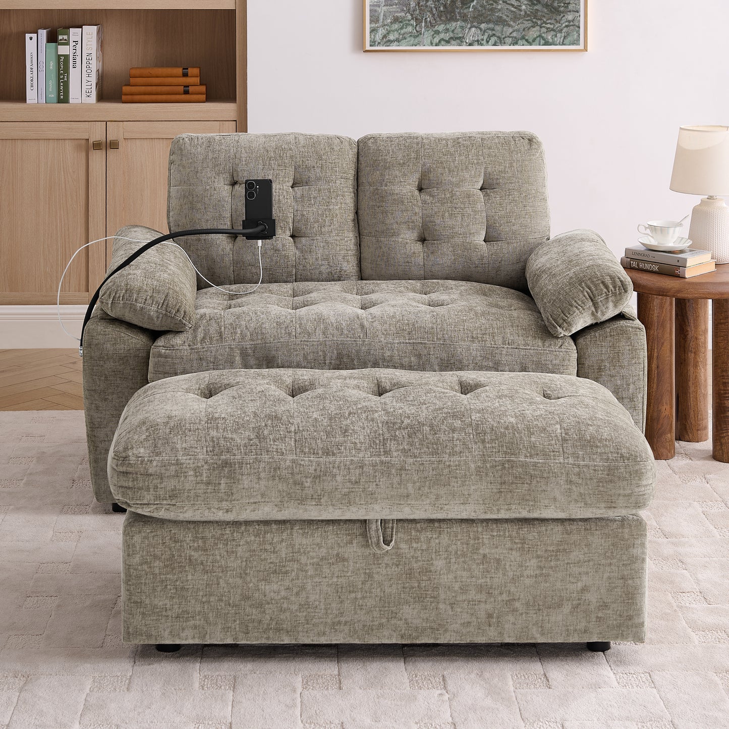 Leisure Sofa Chair,Double Sofa Recliner, With Manually Adjustable Backrest, Soft Padded Armrests, Side USB Charging Port And Phone Stand, Comes With A Matching Storage Ottoman-Brown