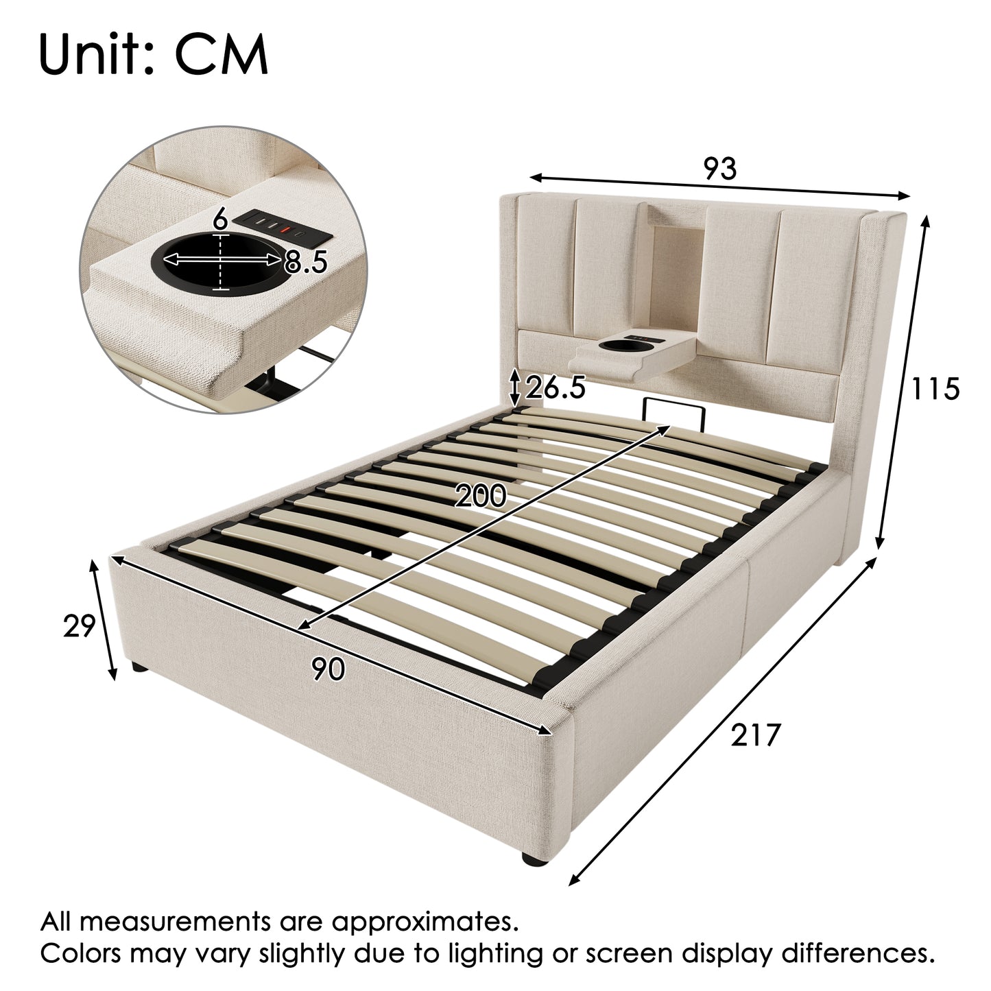 Upholstered Bed 90x200 Cm Single Bed With Hidden Cup Holder & Charging Station, Hydraulic Bed With Storage Space Under The Bed, Incl. Slatted Frame, Linen Beige  Without Mattress