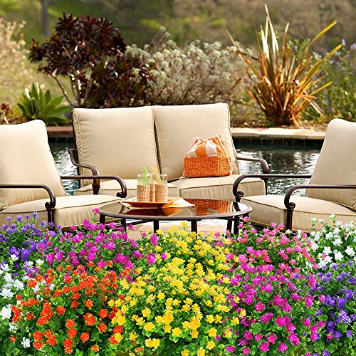 KLEMOO 8 Bundles Outdoor Artificial Fake Flowers UV Resistant No Fade Boxwood Faux Plastic Plants for Garden Patio Porch W...
