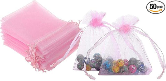 50 Pcs 4x6 inches Gift Wrap Bags Pink, Organza Sheer See Through Fabric, Drawstring Satin Ribbon Pouches for Baby Shower F...
