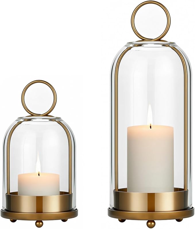 Havmorph 5"&4" Hurricane Glass Candle Holders, Hanging Brass Metal Candle Holder for Pillar Candles Table Coffee Table Dec...