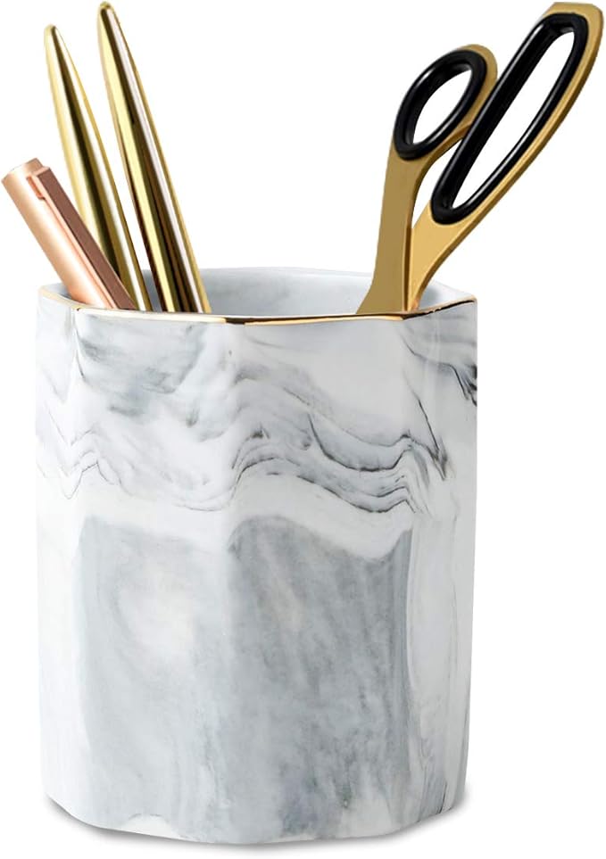 WAVEYU Pen Holder, Pencil Holder for Desk, Marble Desk Organizer Cute, Durable Ceramic Pencil Cup, Decorative Makeup Brush...