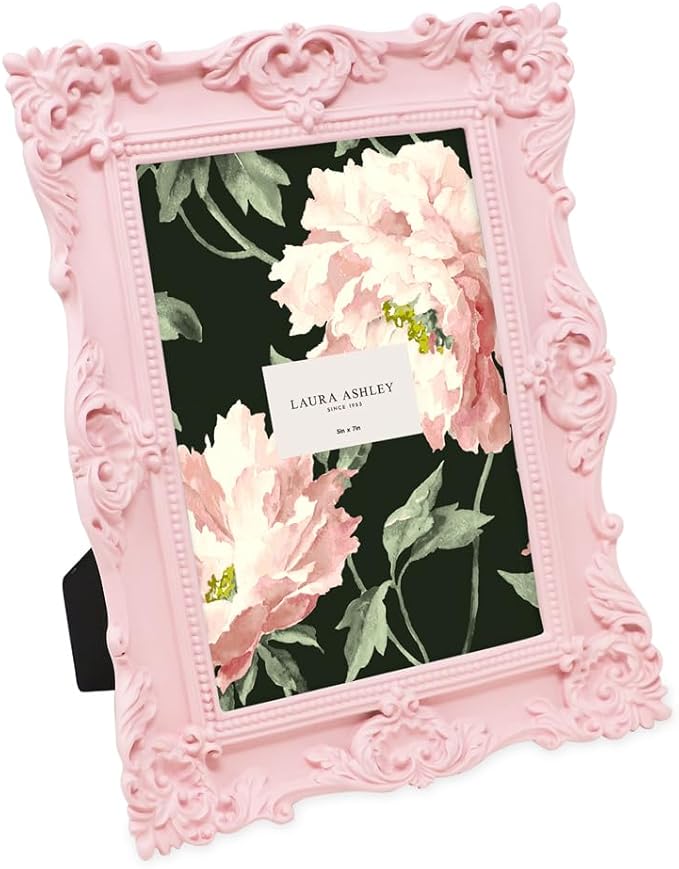 Laura Ashley 5x7 Pink Ornate Textured Hand-Crafted Resin Picture Frame with Easel & Hook for Tabletop & Wall Display, Deco...