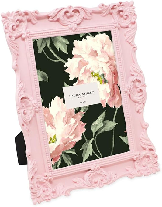 Laura Ashley 5x7 Pink Ornate Textured Hand-Crafted Resin Picture Frame with Easel & Hook for Tabletop & Wall Display, Deco...