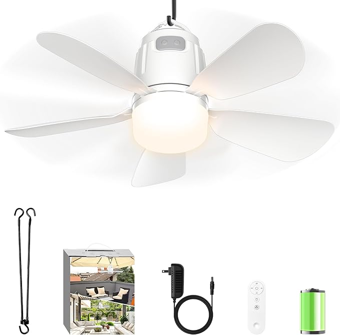 Canopy Fan 20'', 20000mAh Portable Outdoor Ceiling Fan with Light with Remote Control and Extension Hook, Easy Operation B...