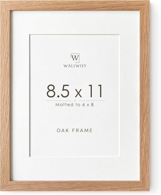 wallwisy 8.5x11 Picture Frame, Solid Oak Wood 8.5 by 11 Picture Frame with Mat to 6x8(Openning Size is 5.5x7.5), 11x8.5 Na...