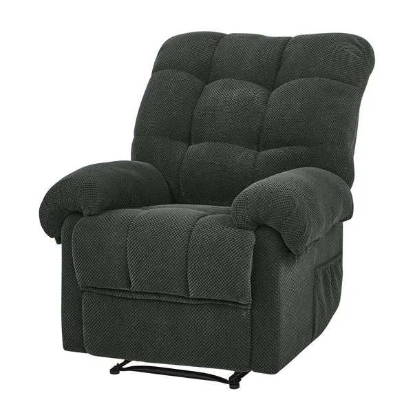 Dark Gray Recliner Chair, Overstuffed Armchair, Manual Recliner, Living Room Seating, Reading Chair, Padded Footrest, Home Theater Seating, Ergonomic Lounge Chair, Soft Fabric Recliner, Furniture.