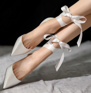 Women White Pointed Toe Stiletto Heels, French Style Ribbon Wrap Bridesmaid Wedding Shoes, European & American Fashion Pumps