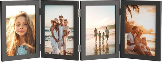 WARM&LOVE 4 Picture Frame, 4x6 Four Folding Hinged Photo Frames, Rustic Wood Desk Family Photo Collage Stand Vertical on T...