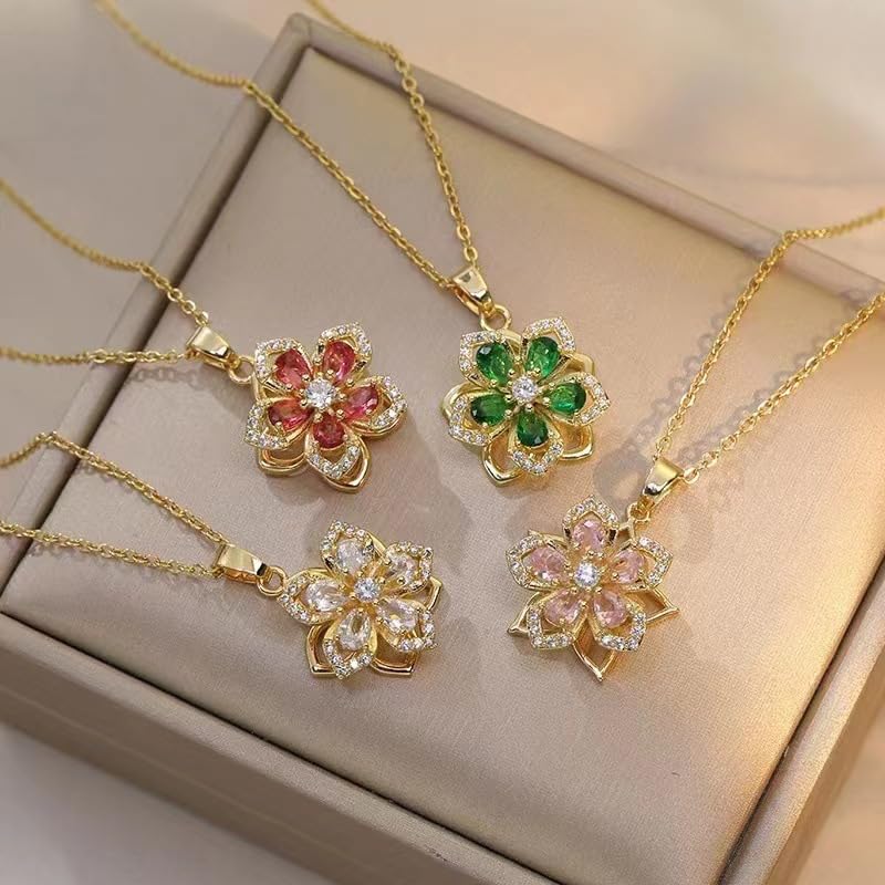 Elegant Zirconia Flower Pendant Necklace Vintage Gold Plated Crystal Bauhinia Necklaces for Women Birthday Valentine's Gift
