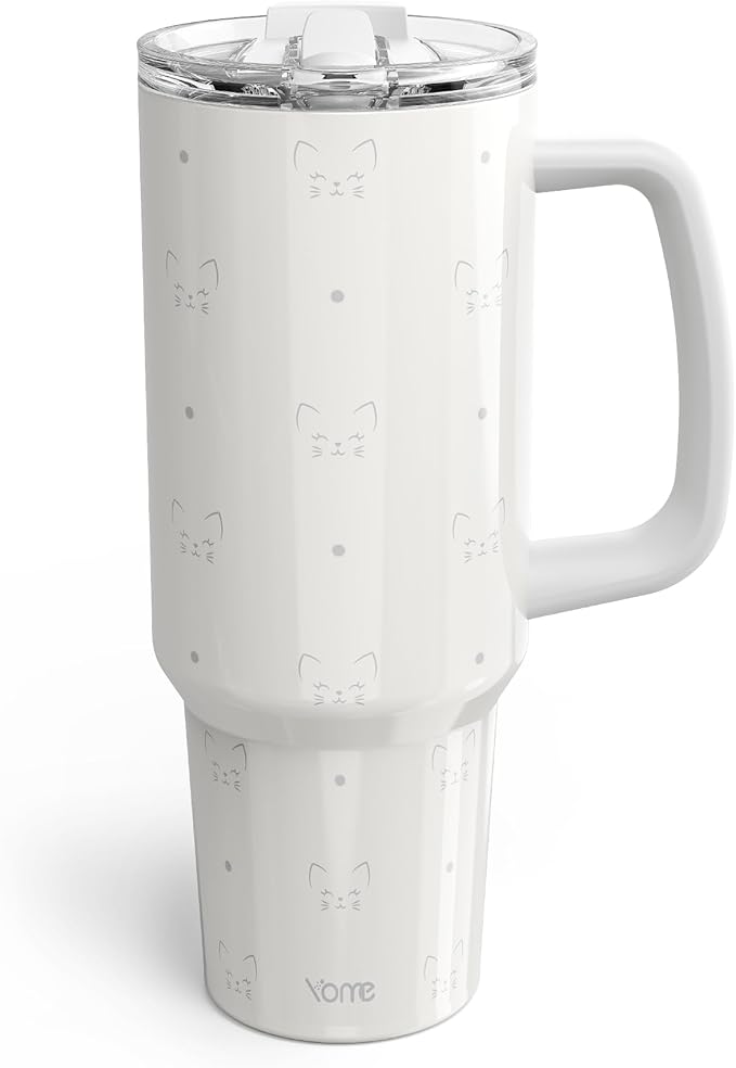 YOME 40 oz Cat Gray Tumbler with Handle and Flip Straw for Women | Stainless Steel Insulated Water Bottle | Keeps Drinks C...