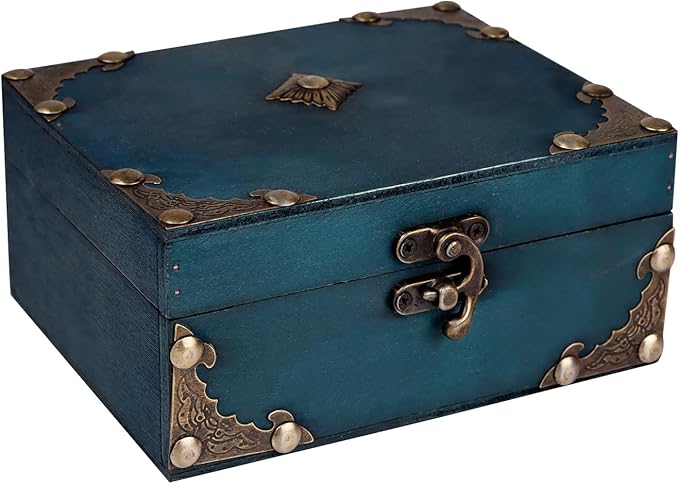 WaaHome Wood Treasure Box 5.5'' Small Decorative Teal Pirate Treasure Chest Jewelry Keepsakes Box for Kids Girls Boys Wome...