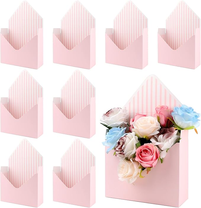 10 Pcs Florist Bouquet Envelope Boxes,Pink Stripe Style Flower Bouquet Package Gift Folding Paper Boxes for Florist Arrang...