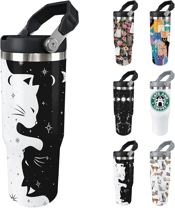 Ztuhjvy Cat Tumbler with Lid and Straw 30oz Stainless Steel Cute Water Bottle Cup Funny Cat Gifts for Women