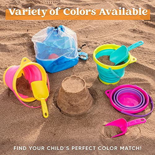 JOYIN Foldable Beach Bucket Set - 3 Packs Collapsible Toy Buckets with Shovels and Mesh Backpack for Kids Toddlers Party, ...
