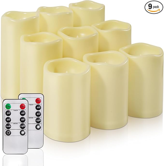 Homemory 9 Pack Flameless Candles, Outdoor Waterproof, Battery Operated LED Pillar Candles with Remote Control and Timer, ...