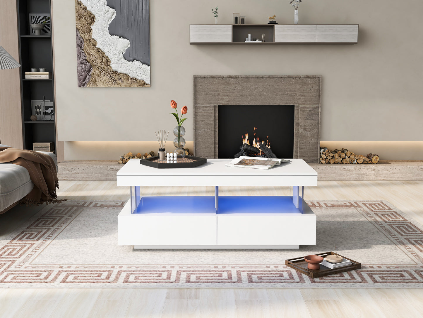White High Gloss LED Coffee Table, Tea Table With 16 Colors LED Lights, Coffee Table With 2 Drawers And Open Storage Space, Rectangular Table For Office,Store And Living Room 100x60x49.5cm
