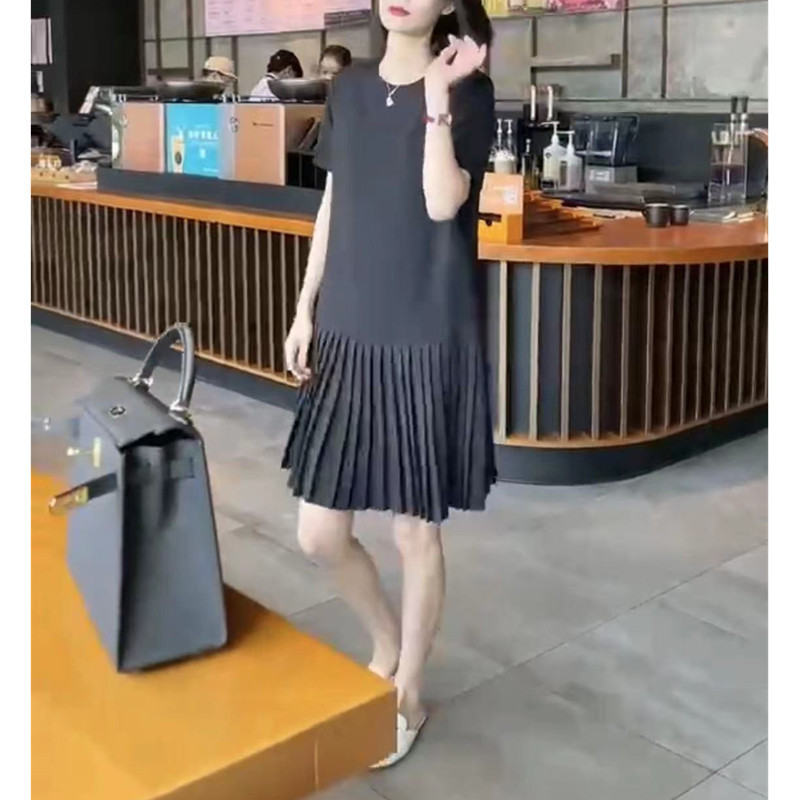 Summer New Korean-style Loose-fit Solid-color Youthful Mid-length Pleated Dress