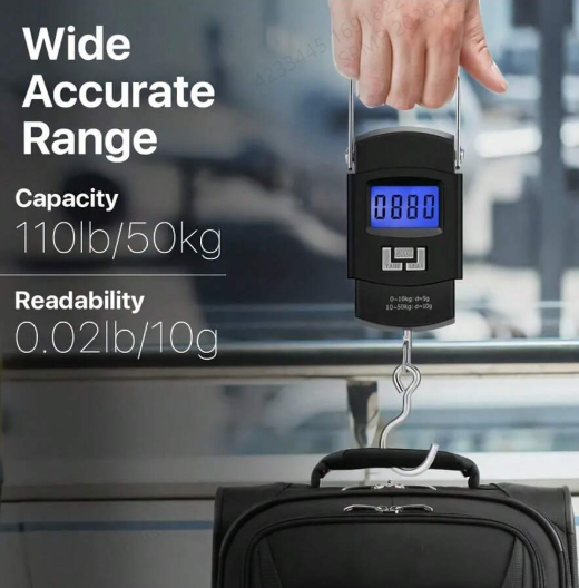Digital Hanging Scale 110lb 50kg Portable Luggage Fish Scale With Tare, Backlit LCD, Steel Hook, Tape, Multi Unit Kg Lb Oz Jin, Batteries Included. Great For Travel, Fishing, Home, Farm, Hunting