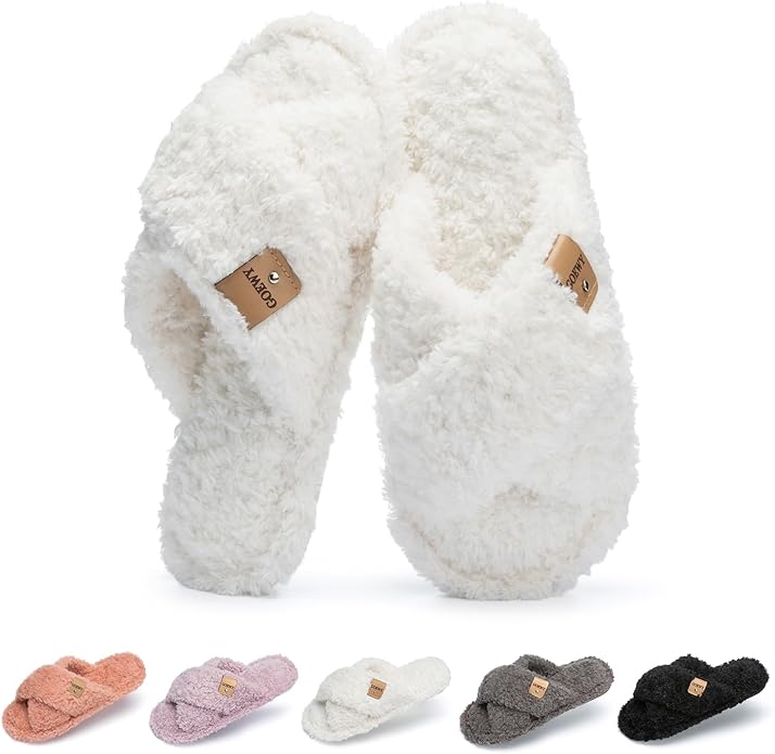 GOEWY Fuzzy Open Toe Slippers for Women Indoor and Outdoor with Memory Foam Cozy Cross Band Women's Slipper Cute Soft Hous...