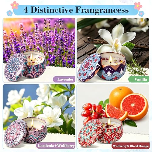 4 Pack Scented Candles for Mom, Aromatherapy Small Candles Gift Set with 8% Essential Oils, Natural Soy Candle with Floral...