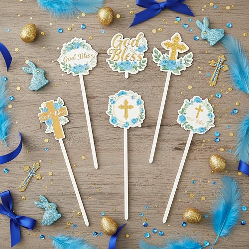 TICIAGA Floral God Bless Decorative Picks - 12PCS Religious Flower First Communion Cross Wooden Pick for Home Vase Filler ...