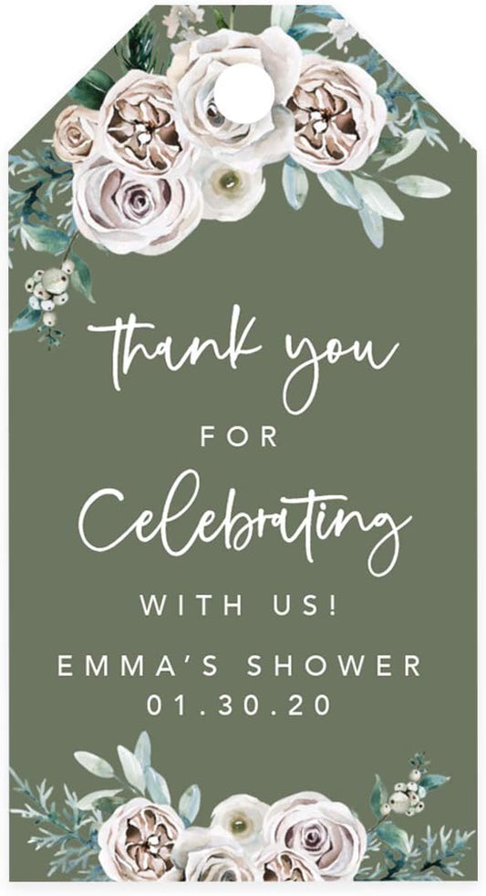 Andaz Press Sage Green with Cream Floral Blossoms Fall Wedding Party Collection, Personalized Classic Gift Tags, Thank You...