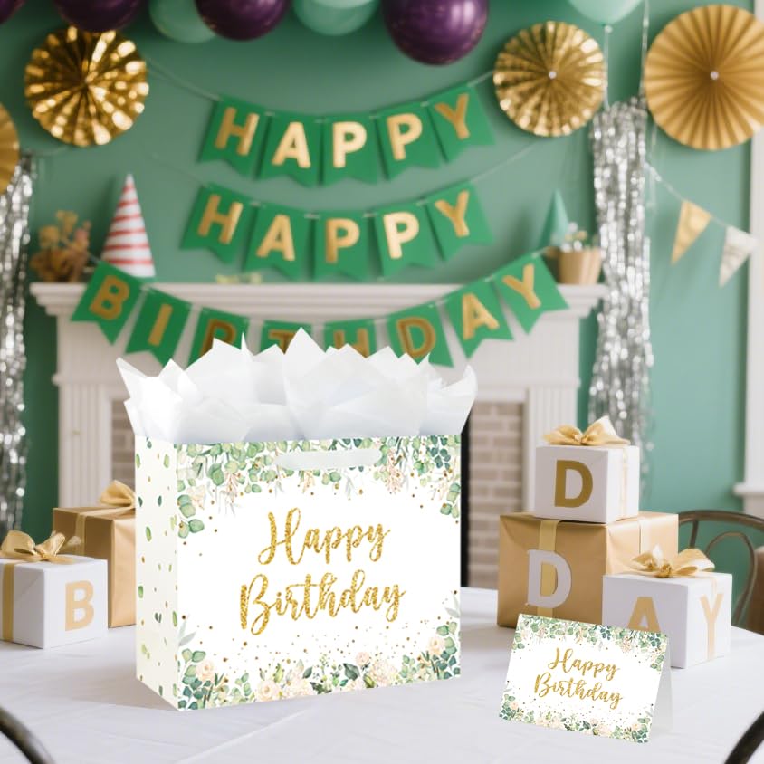Yusenguan 13" Sage Green Birthday Gift Bag with Tissue Paper and Greeting Card for baby Girls or Boy Women Men Birthday Party