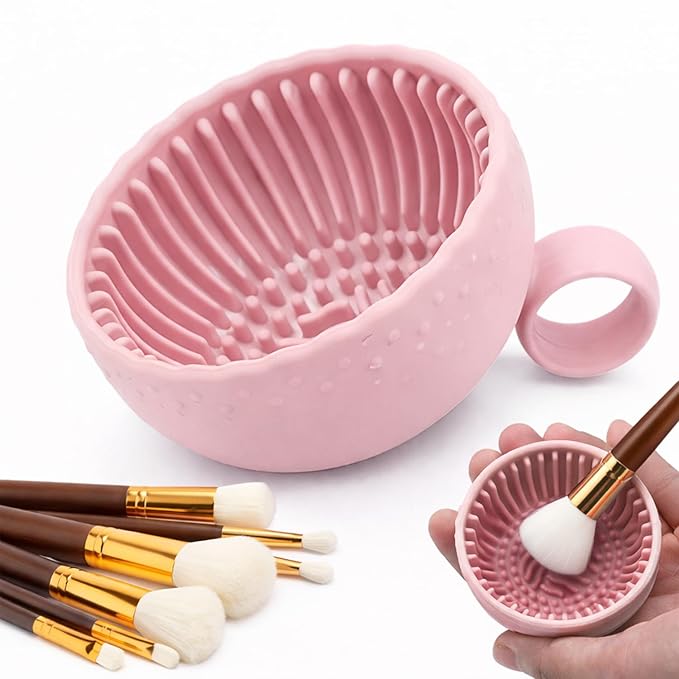 Silicone Makeup Brush Cleaner Bowl, Portable Brush Washing Tool with Textured Cleaning Pad, Compact Makeup Cleaning Bowl f...