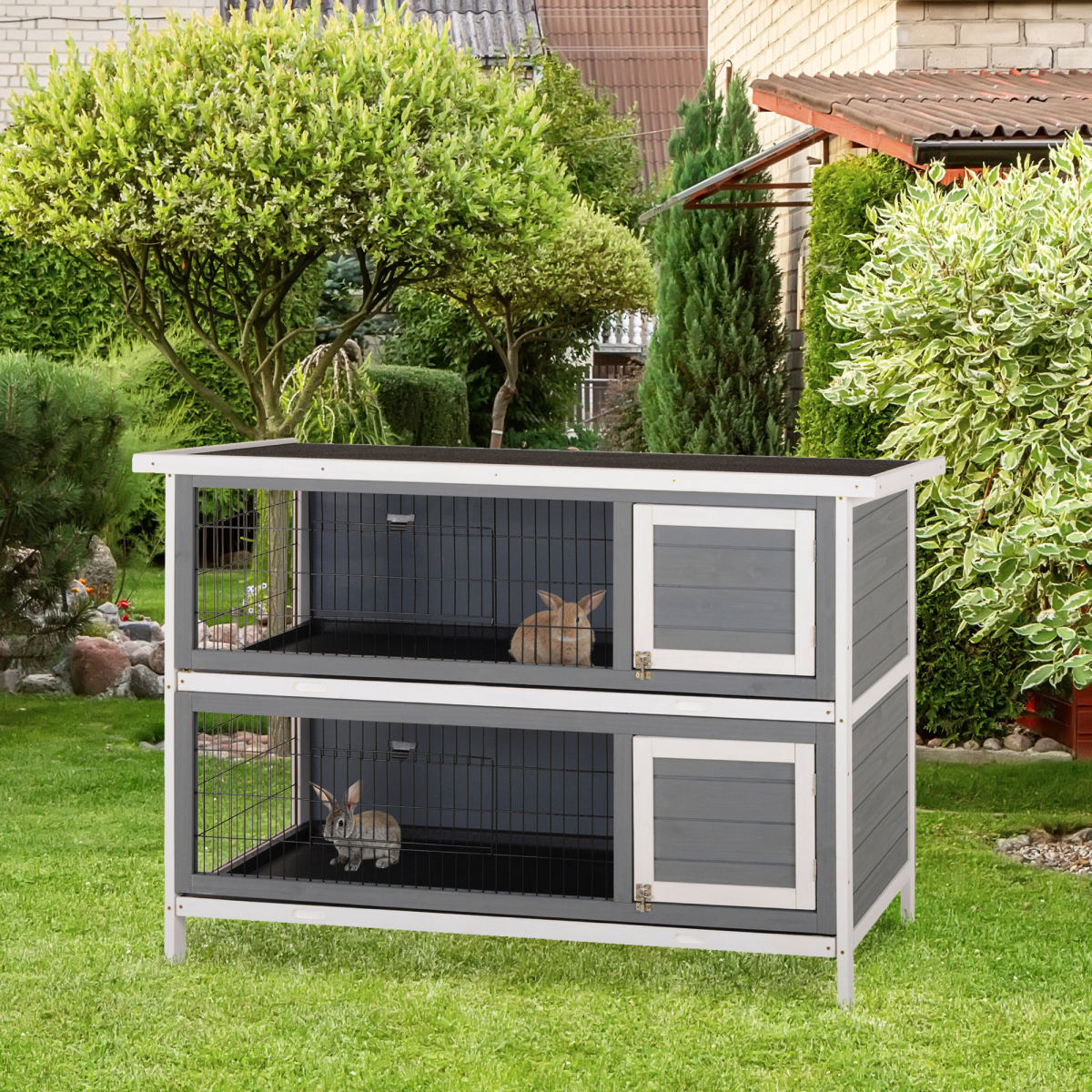 54" 2-Story Large Rabbit Hutch Bunny Cage Wooden Pet House Small Animal Habitat with Lockable Doors, No Leak Tray and waterproof Roof for Rabbits, Chickens, Ducks, Outdoor/Indoor Dark Gray