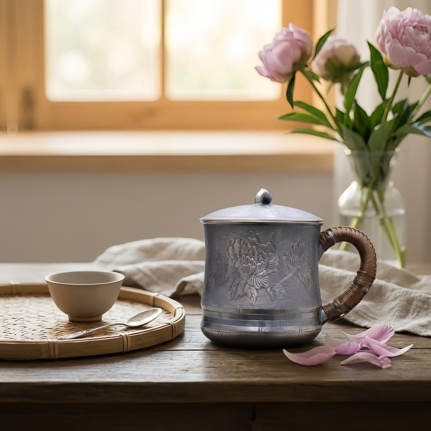 925 Sterling Silver Elegant  Peony Mug with Woven Handle-Premium Tea Mug - Handicraft
