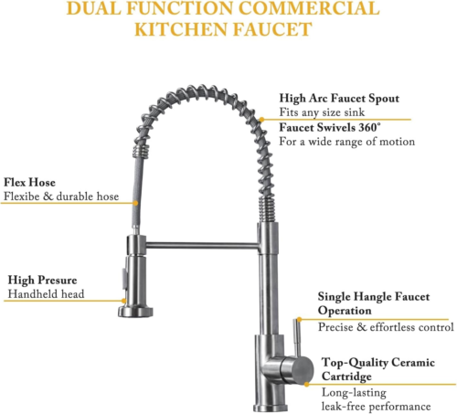 Monobloc Silver Kitchen Sink Mixer Taps With Pull Out Hose Spray Single LeverTap