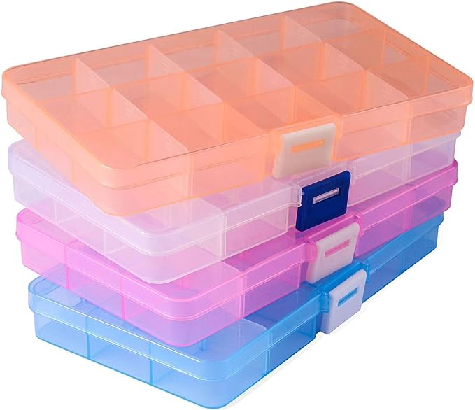 Opret 15 Girds Bead Organizer(4 Pack), Earring Organizer Box, SMALL Plastic Containers with Adjustable Dividers for Crafts...