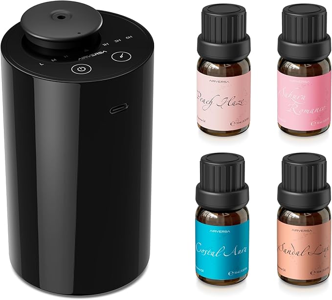 Airversa Waterless Essential Oil Diffuser Starter Kit with 4 x 10mL Fragrance Scent Oil, Battery Operated Mini Scent Air M...