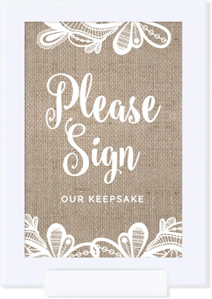 Andaz Press Burlap Lace Print Wedding Collection, Framed Party Signs, Please Sign Our Keepsake Table Sign, 4x6-inch, 1-Pac...