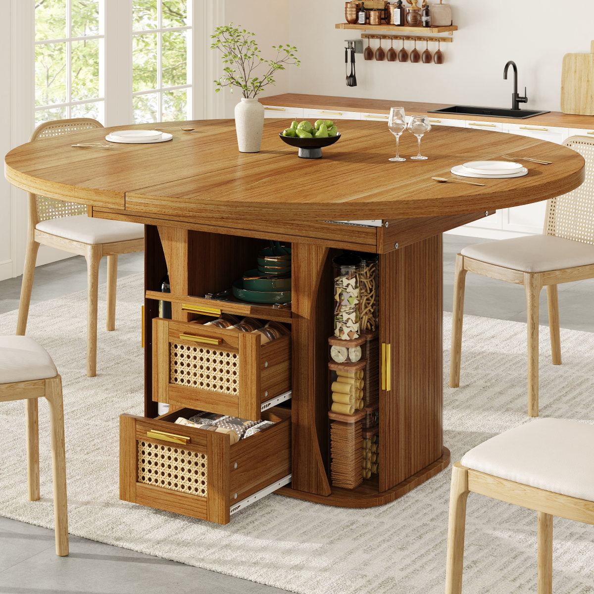 Extendable Dining Table With Storage, 118-158cm Table With Rattan Drawers, MDF Wood Look, Black  Natural Wood  Brown