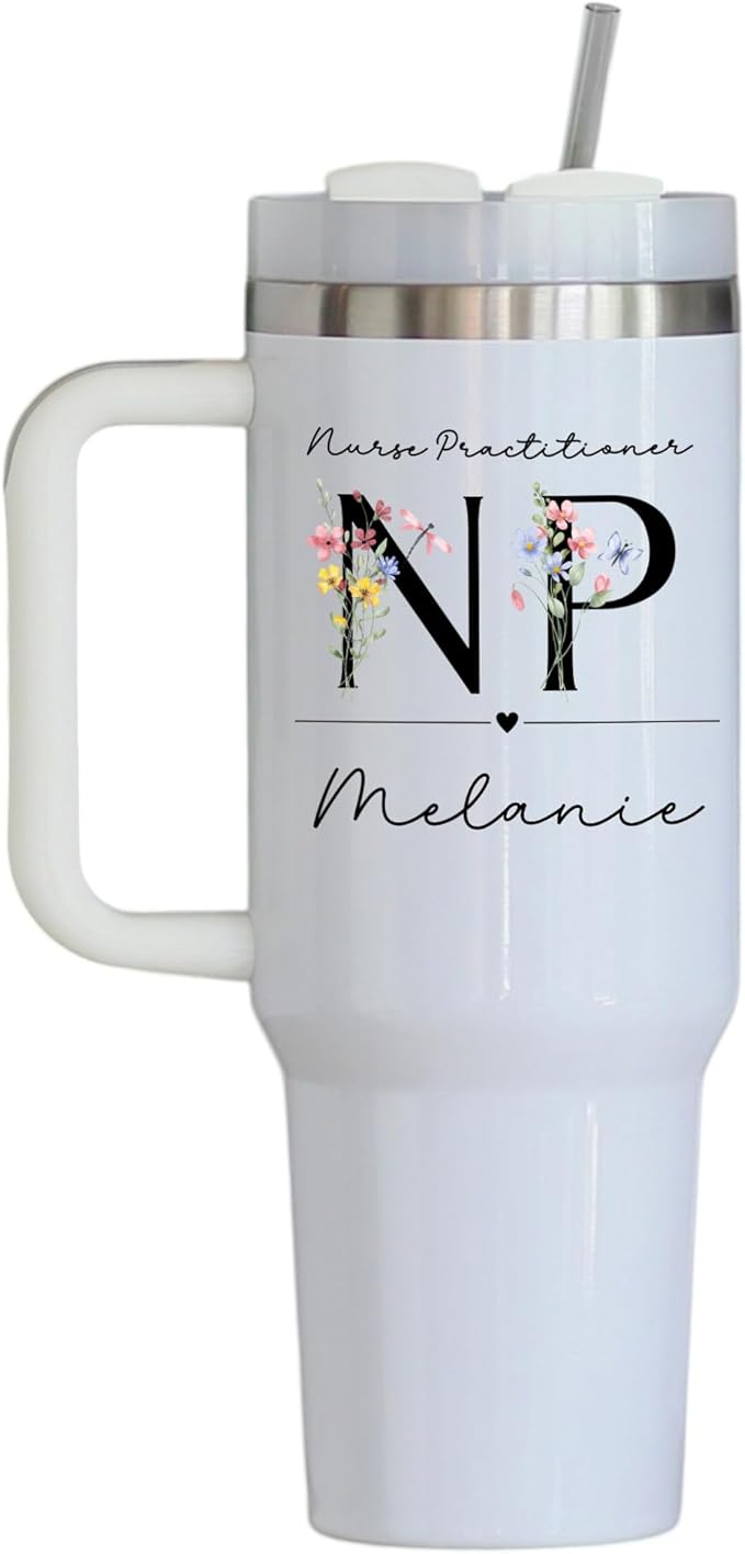 Personalized Nurse Practitioner NP Tumbler with Floral Letters & Custom Name – Stainless Steel Travel Mug – Graduation Gif...