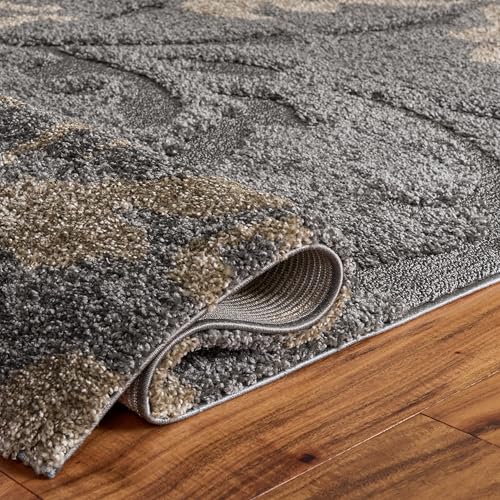 SAFAVIEH Florida Shag Collection Area Rug - 8'6" x 12', Grey & Beige, Floral Design, Non-Shedding & Easy Care, 1.2-inch Th...