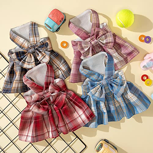 Potchen 4 Pcs Cute Plaid Dog Dress Set with Bow Tie Harness & Leash for Small Dogs, Puppy Clothes for Girls Outfits(S,Dark...