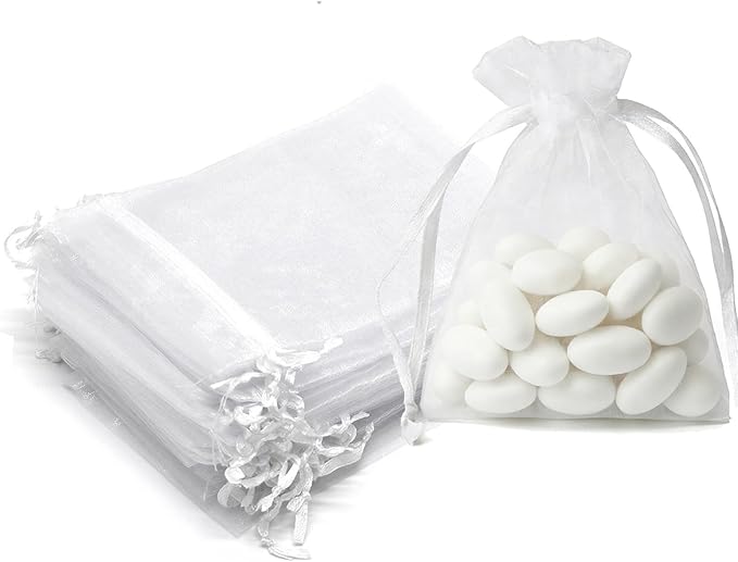 Bezall 50Pcs White Organza Bags 3x4 Inch, Small Sheer Wedding Party Favor Bags with Drawstring, Mesh Jewelry Gift Bags Chr...