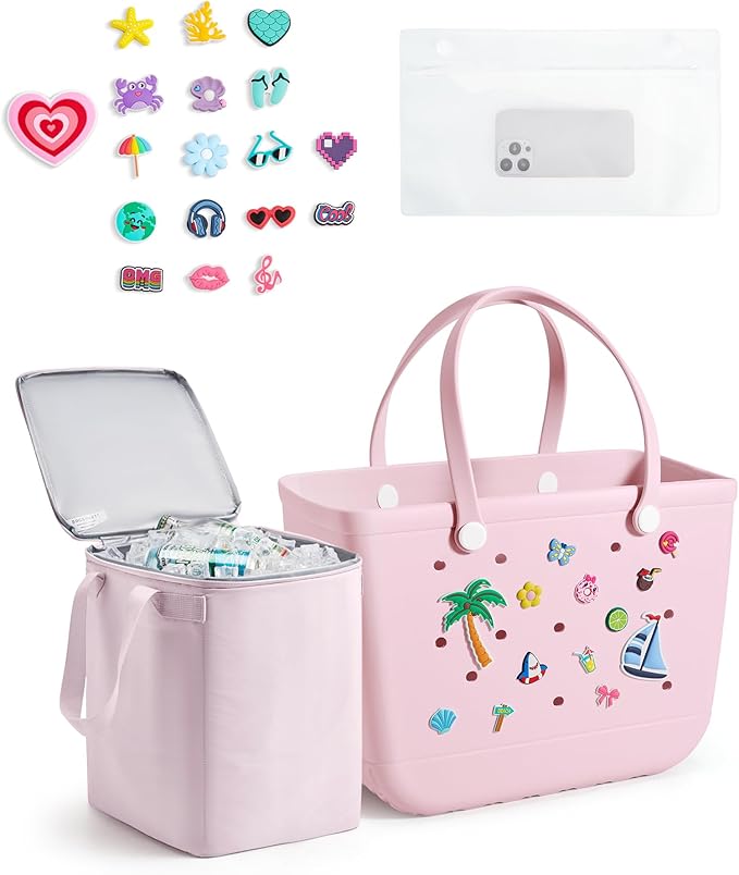 BAGSMART Large Beach Bag for Women with Cooler, Rubber Tote Bag with Charms, Waterproof Vacation Essentials for Swim Pool