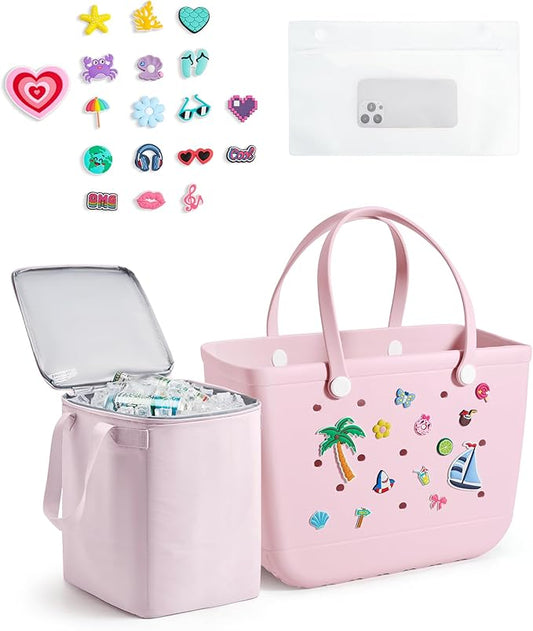 BAGSMART Large Beach Bag for Women with Cooler, Rubber Tote Bag with Charms, Waterproof Vacation Essentials for Swim Pool