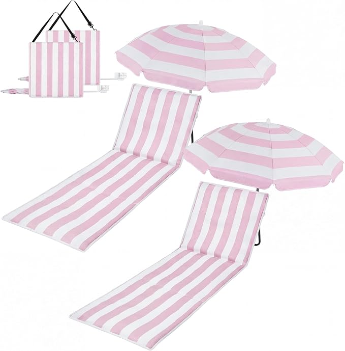 Briwooody 2 Set Beach Chairs with Umbrella Portable Beach Lounger Lightweight Foldable Outdoor Lounger Chair for Outdoor T...
