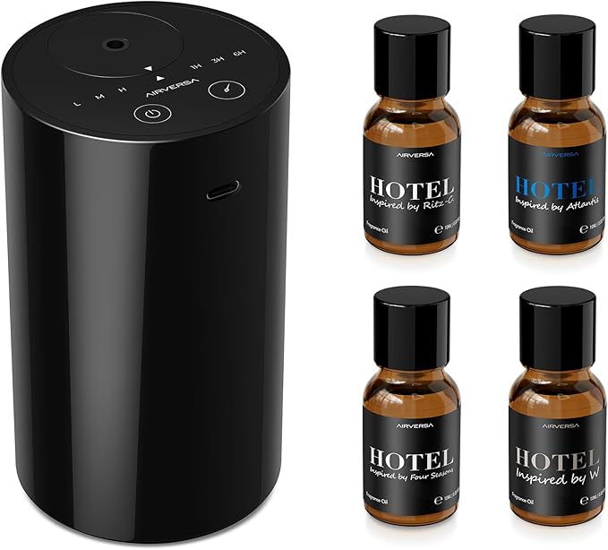 Airversa Waterless Essential Oil Diffuser Starter Kit with 4 x 10mL Hotel Scent Fragrance Oil, Battery Operated Mini Scent...
