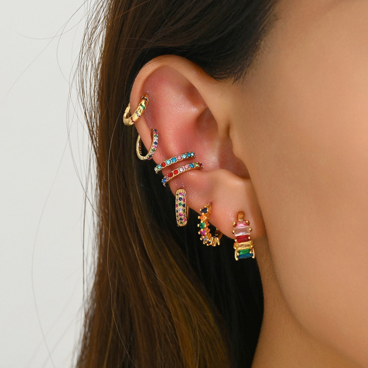 New European Copper Real Gold Plated Earrings For Women, Niche Design Inlaid Colorful Rhinestones, Elegant Light Luxury Stud Ear Jewelry