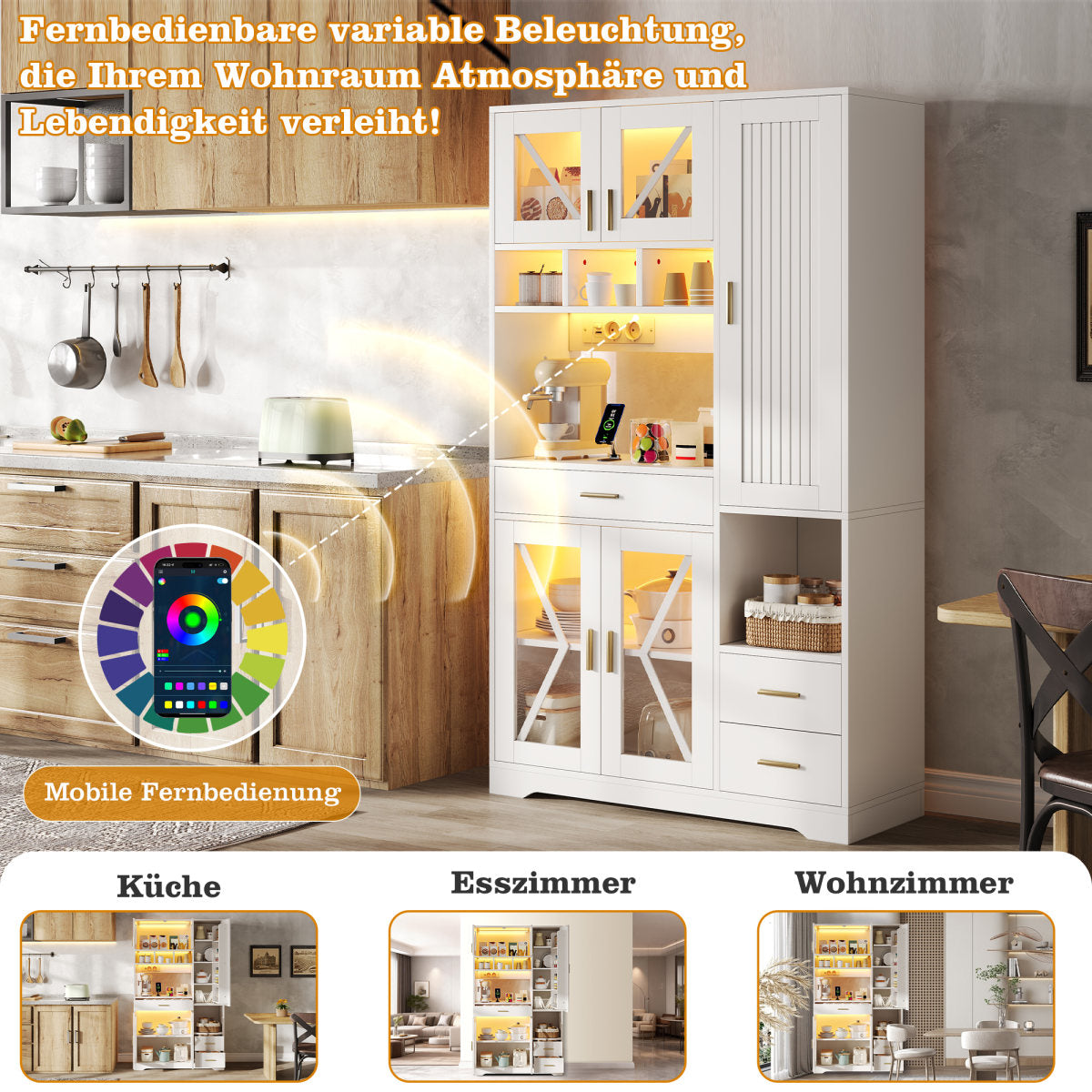 Barn-style Kitchen Cabinet, High Storage And Display Cabinet With Adjustable Shelves, Drawer, Color-changing LED Lighting And Sockets, 185 X105 X40 Cm.