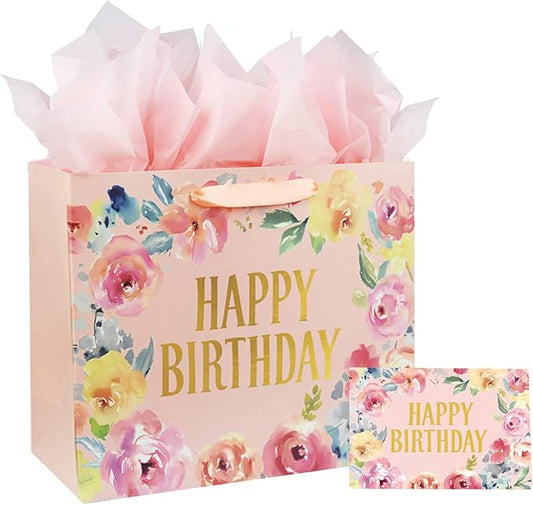 13" Large Happy Birthday Gift Bag with Card and Tissue Papers, Handles Floral Design for Women Girls Birthday Party (13" P...